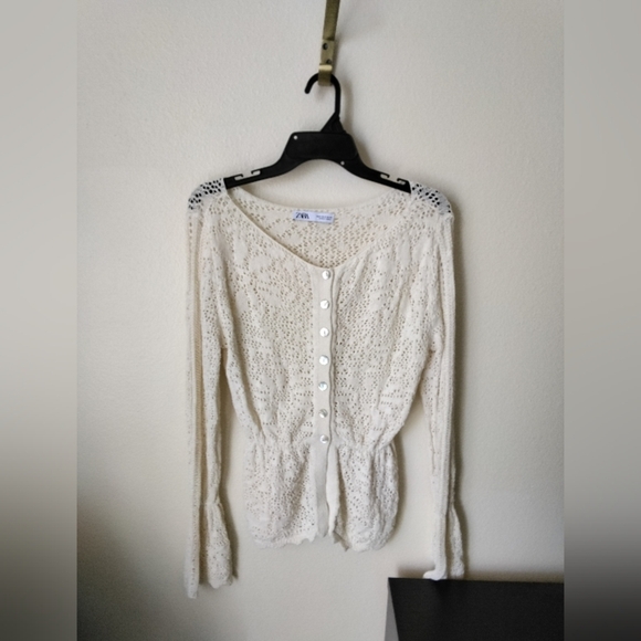 Zara Women's Pointelle Knit Cardigan Sweater Button Down in Cream Size M Cottage - Picture 1 of 7